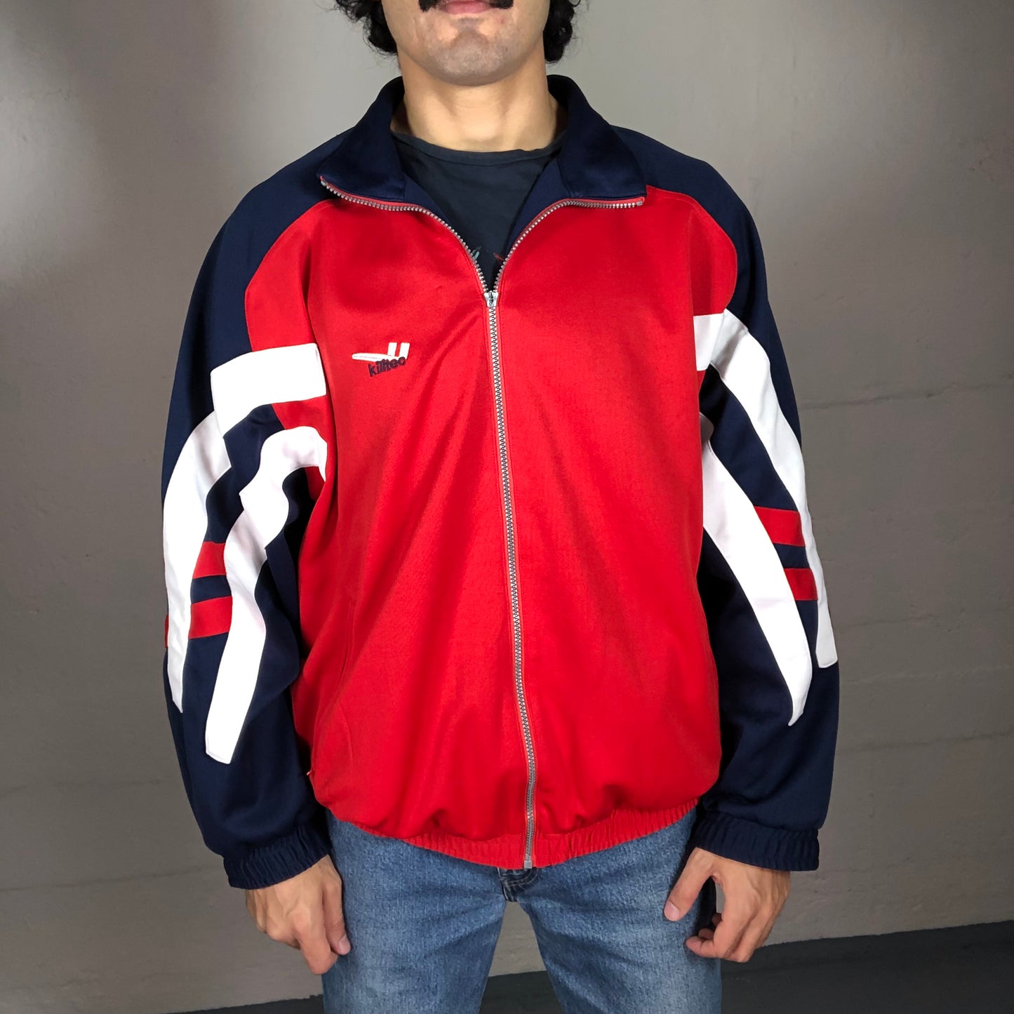 Vintage 90’s Sporty Red and Navy Blue Zip Up Abstract Print Pullover with White Stripes (L)