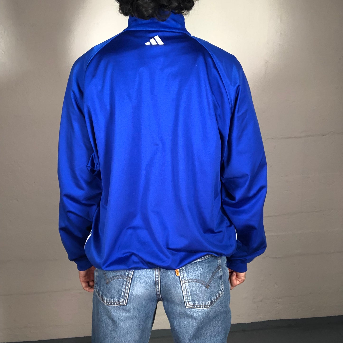 Vintage 90’s Sporty Intense Blue Archive Adidas Zip Up Pullover with White Stripes and Logo (L)