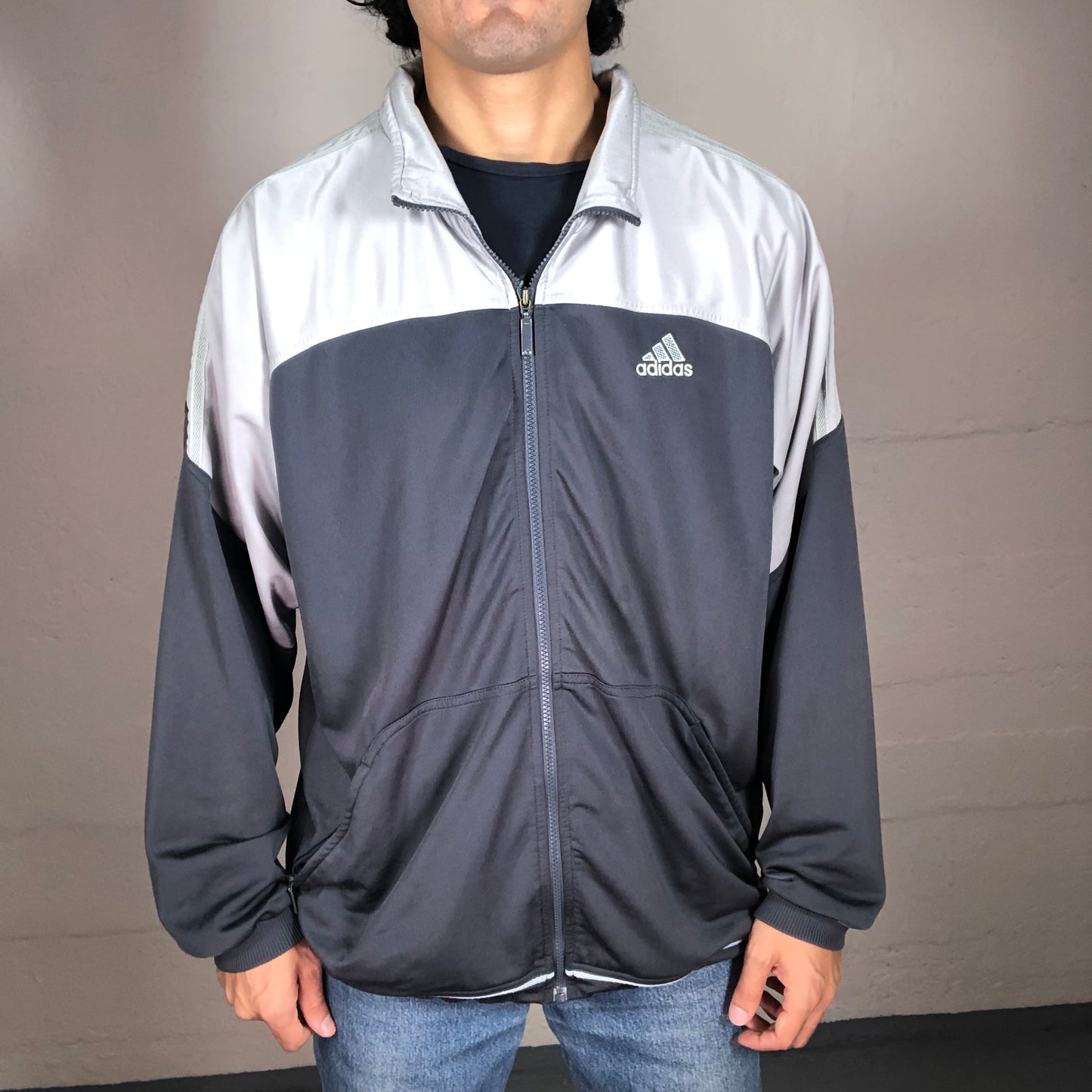 Vintage 90’s Sporty Archive Adidas Black and Silver Striped Zip Up Pullover (M)