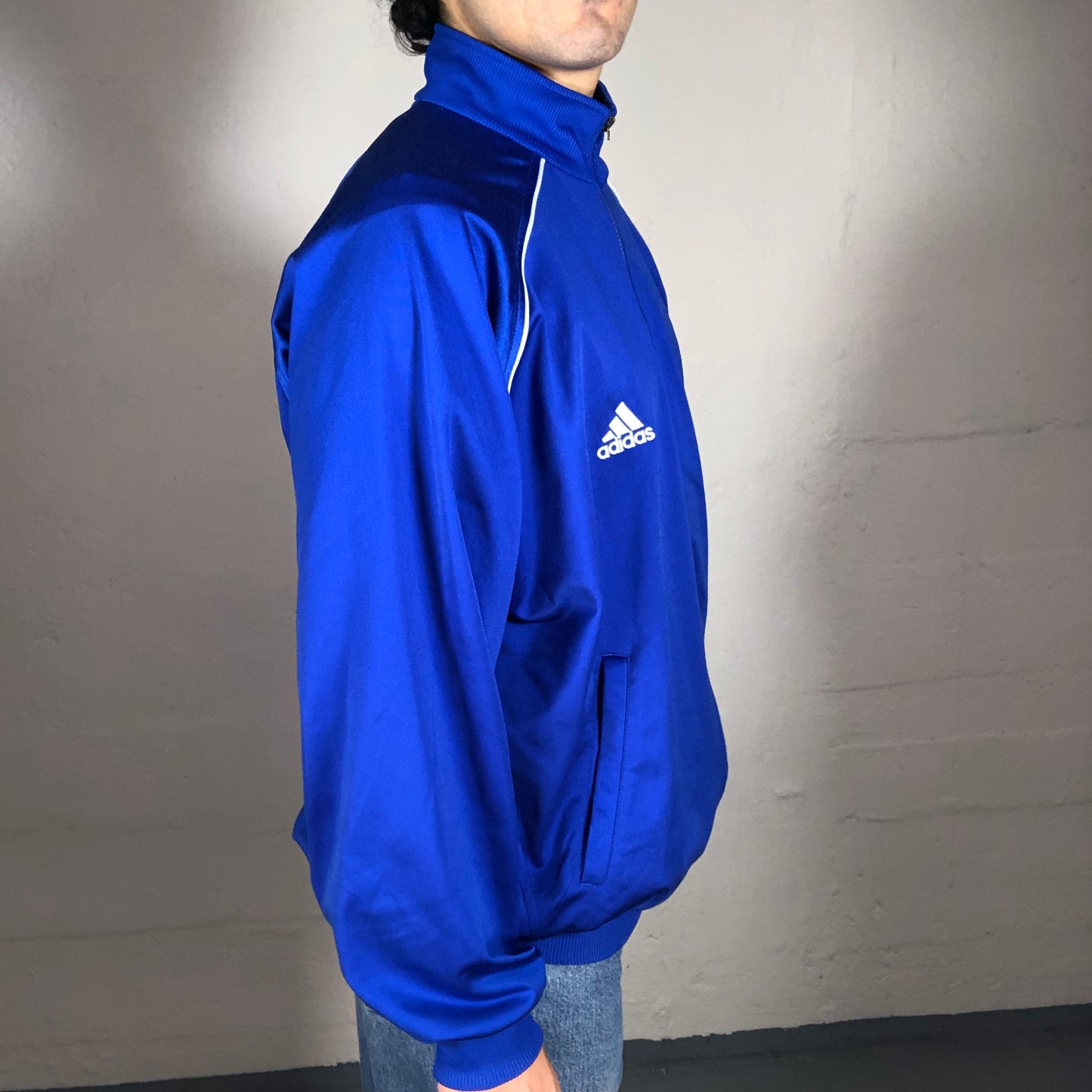 Vintage 90’s Sporty Intense Blue Archive Adidas Zip Up Pullover with White Stripes and Logo (L)