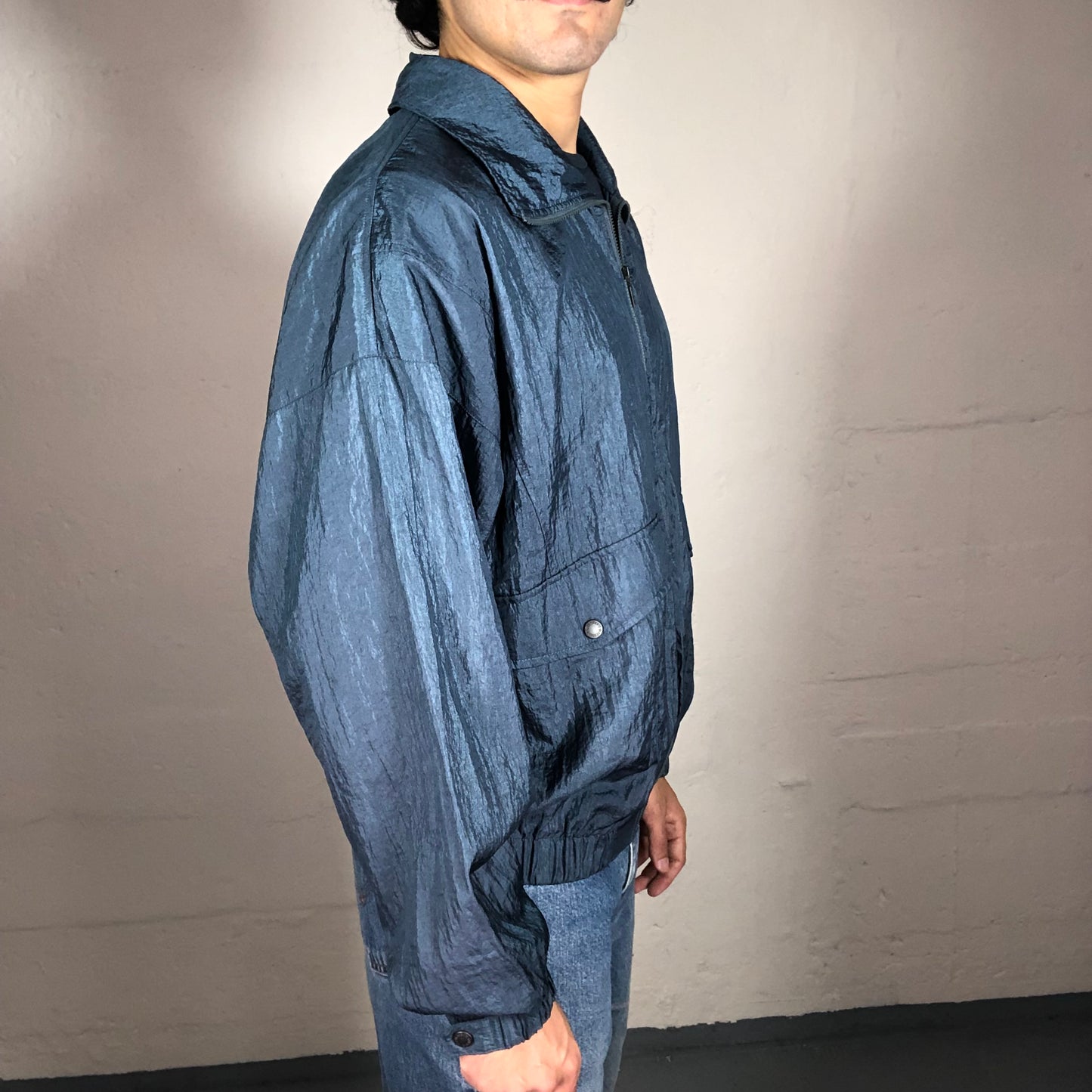 Vintage 90’s Streetwear Navy Blue Sheer Textured Zip Up Windbreaker Jacket (S)