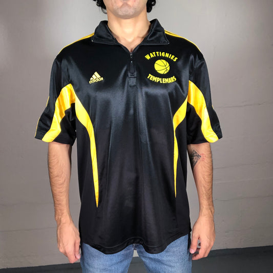 Vintage 90’s Sporty Football Style Black Sheer Archive Adidas T-Shirt with Yellow Stripes and Back Lola Print (M)