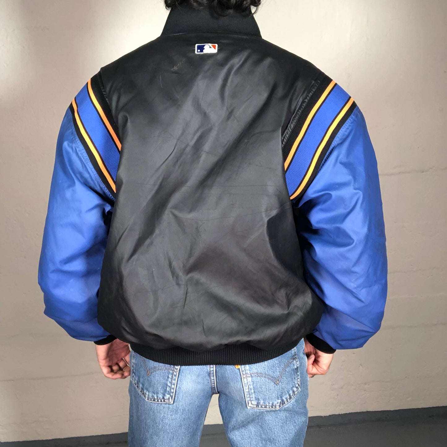 Vintage 90’s High School Style Black and Electric Blue Balloon Mets Bomber Jacket (L)