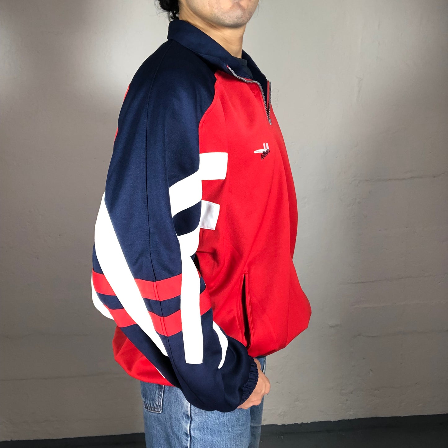 Vintage 90’s Sporty Red and Navy Blue Zip Up Abstract Print Pullover with White Stripes (L)