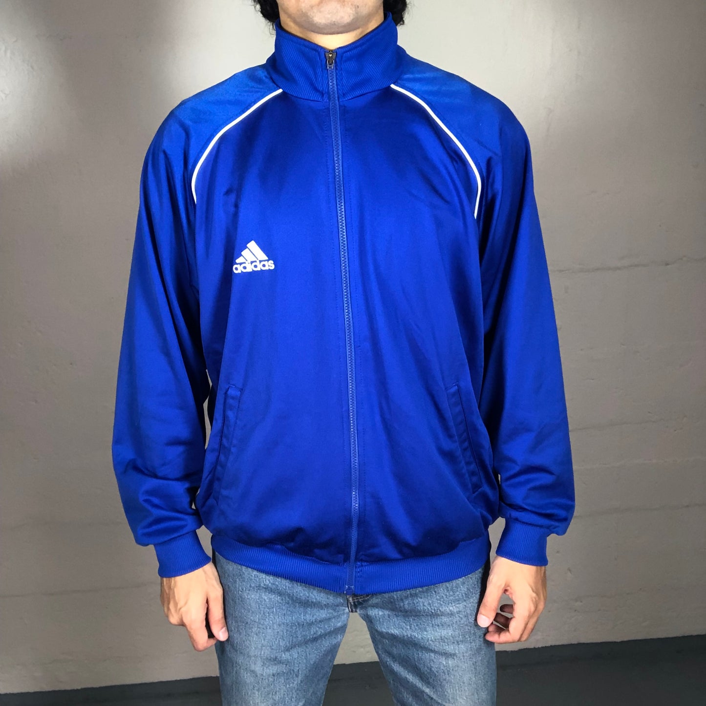 Vintage 90’s Sporty Intense Blue Archive Adidas Zip Up Pullover with White Stripes and Logo (L)