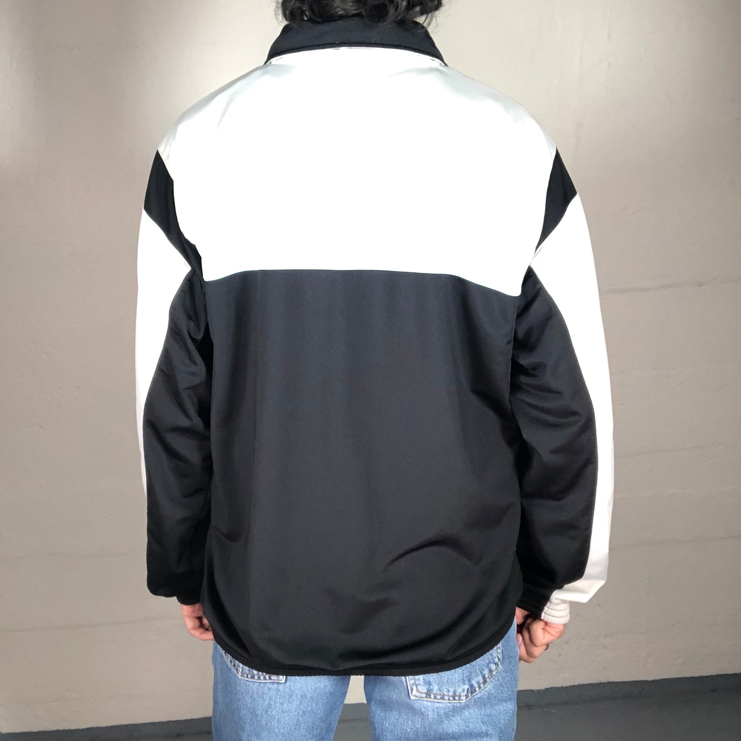 Vintage 90’s Streetwear Black and White Asics Zip Up Pullover with Light Blue Accent (M)