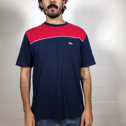 Vintage 90‘s Archive Fila Navy Blue T-Shirt with Red Print and Logo Embroidery