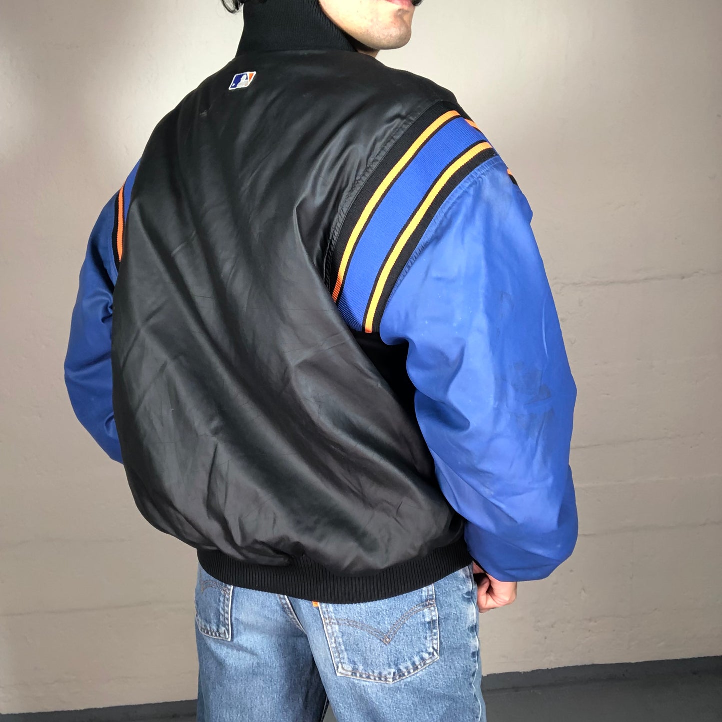 Vintage 90’s High School Style Black and Electric Blue Balloon Mets Bomber Jacket (L)