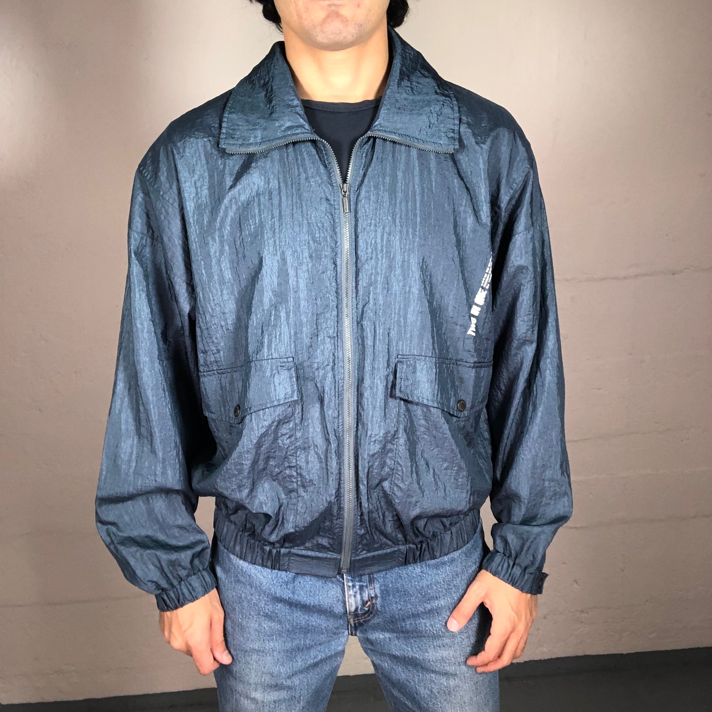 Vintage 90’s Streetwear Navy Blue Sheer Textured Zip Up Windbreaker Jacket (S)