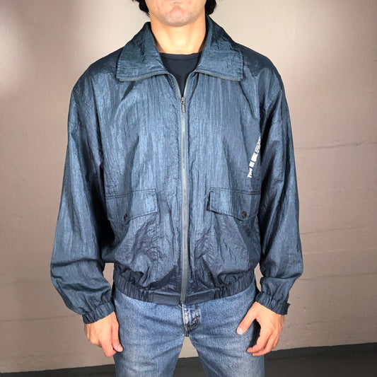 Vintage 90’s Streetwear Navy Blue Sheer Textured Zip Up Windbreaker Jacket (S)