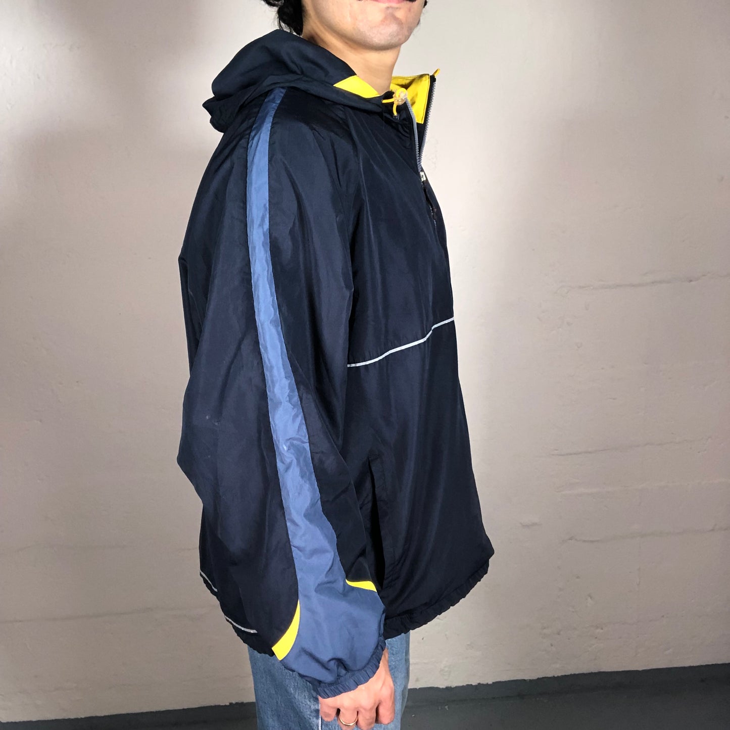 Vintage 90’s Sporty Champion Navy Blue Longsleeve Nylon Hooded Zip Up Windbreaker (XL)