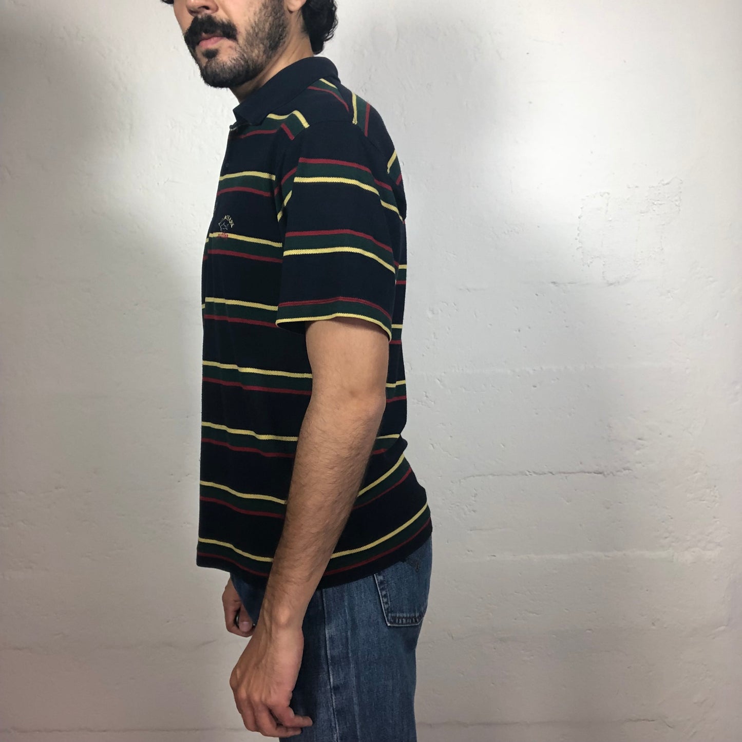 Vintage 90‘s Paul&Shark Black Polo T-Shirt with Yellow and Red Stripes Print