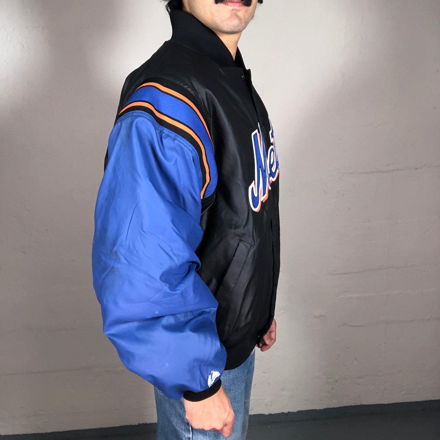 Vintage 90’s High School Style Black and Electric Blue Balloon Mets Bomber Jacket (L)