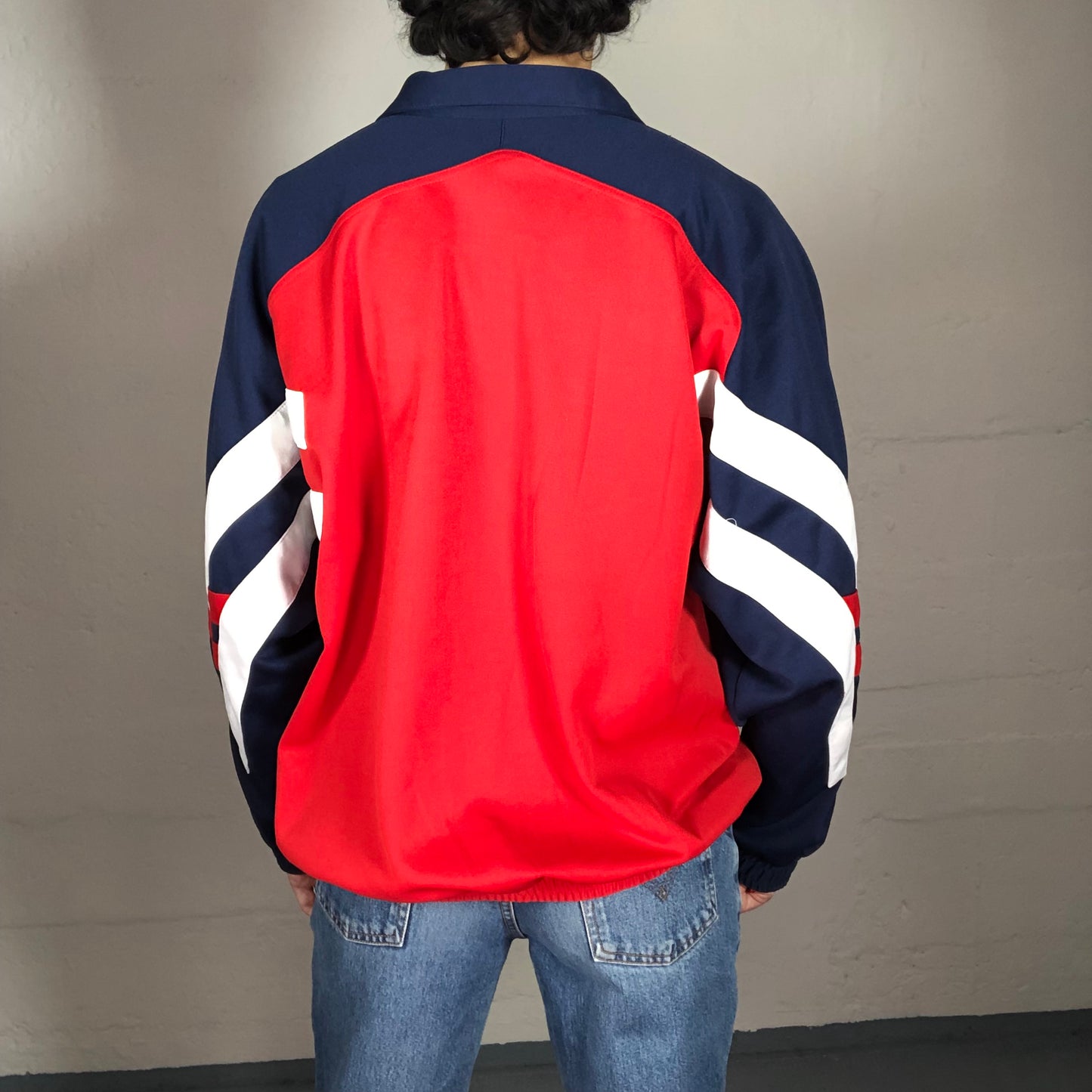 Vintage 90’s Sporty Red and Navy Blue Zip Up Abstract Print Pullover with White Stripes (L)