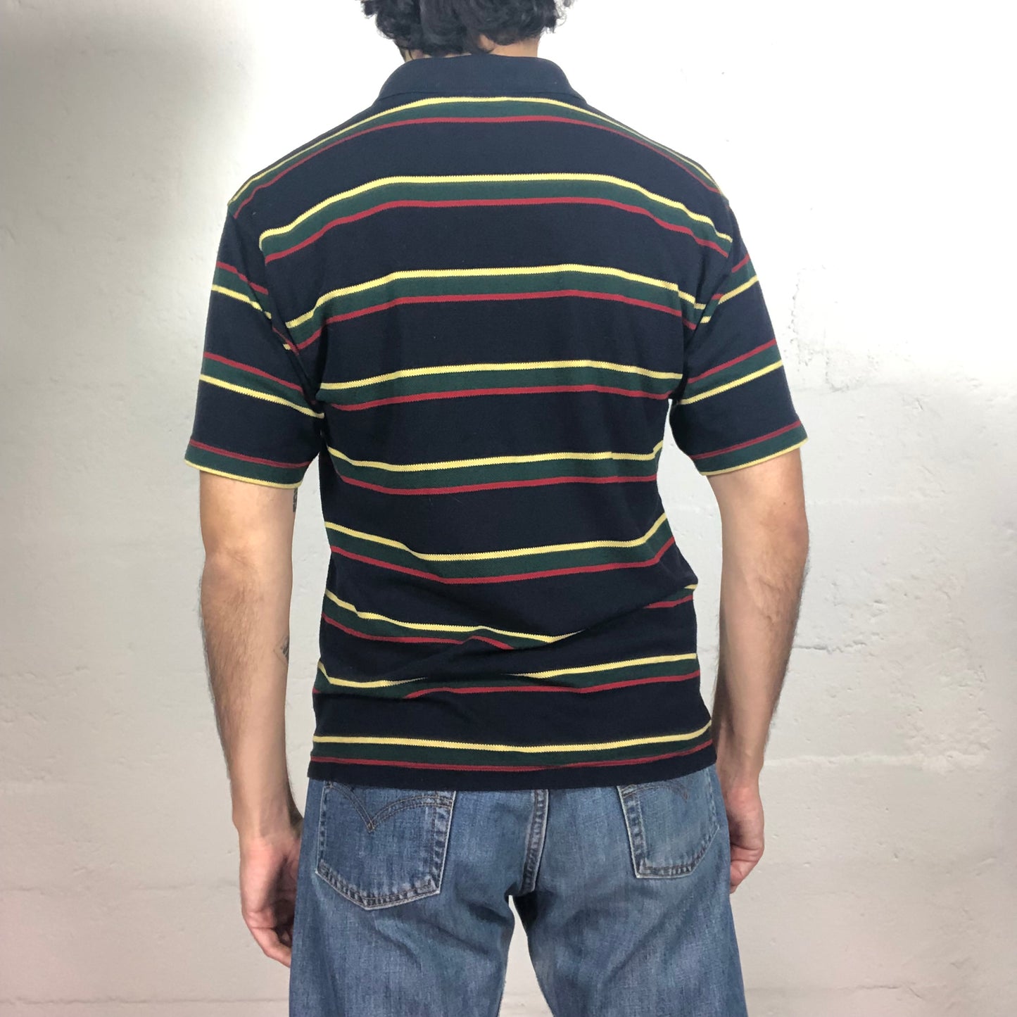 Vintage 90‘s Paul&Shark Black Polo T-Shirt with Yellow and Red Stripes Print