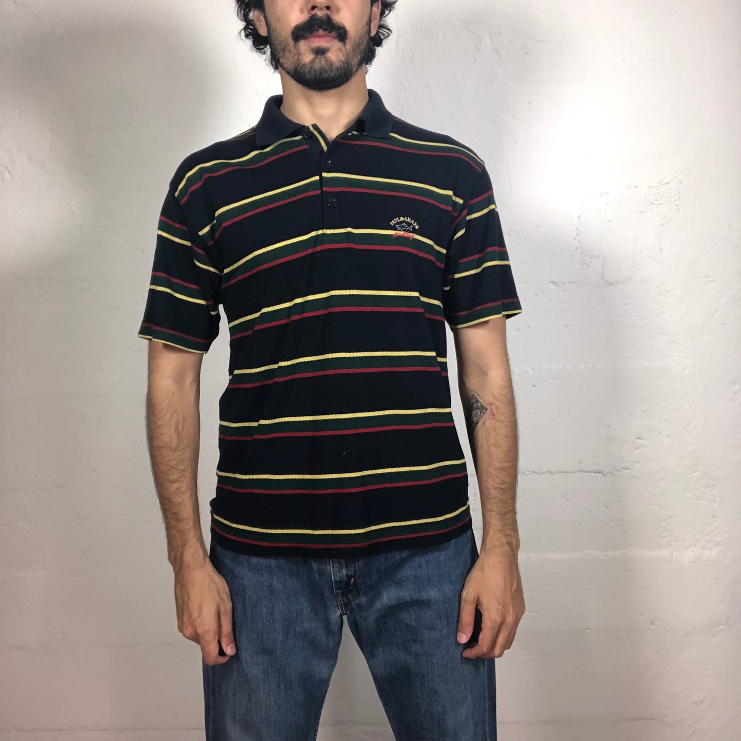 Vintage 90‘s Paul&Shark Black Polo T-Shirt with Yellow and Red Stripes Print