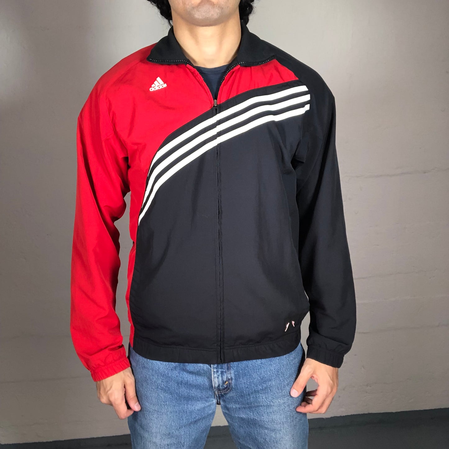 Vintage 90’s Archive Adidas Black and Red Zip Up Sporty Pullover with Logo White Stripes Print (S)