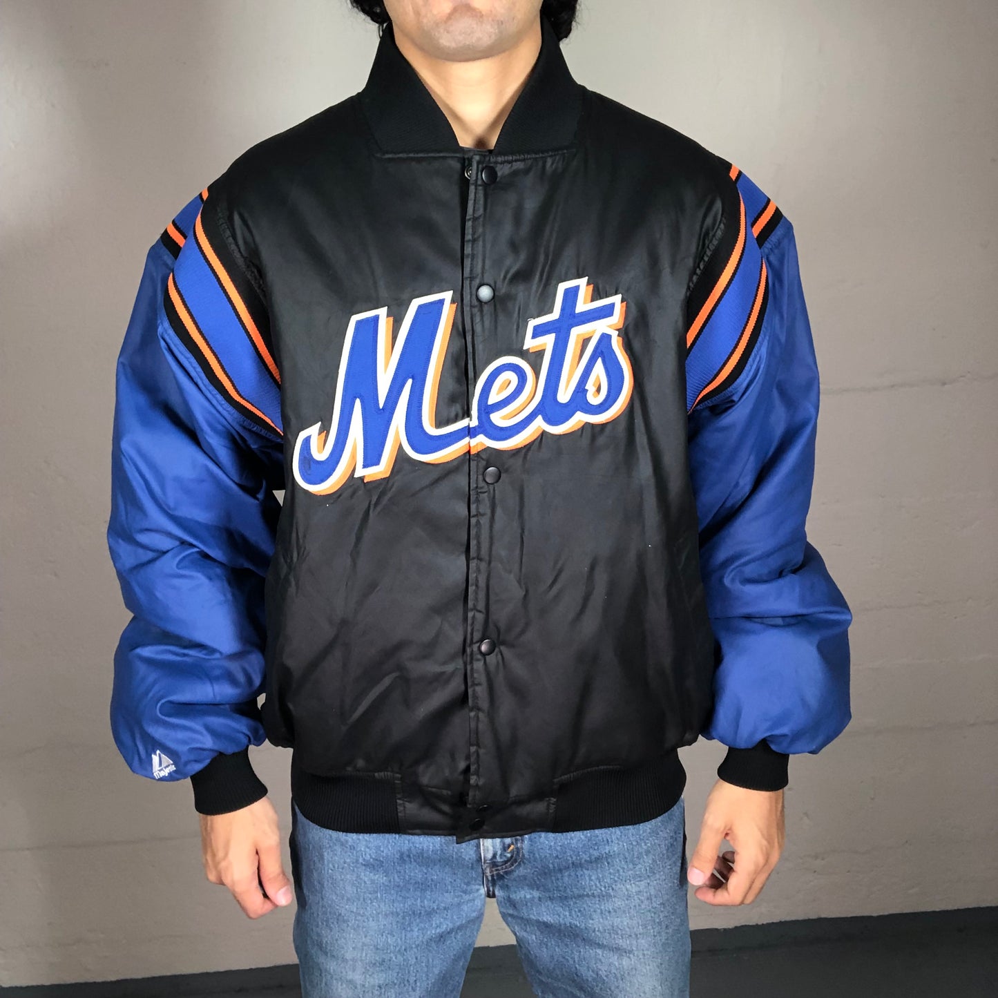 Vintage 90’s High School Style Black and Electric Blue Balloon Mets Bomber Jacket (L)