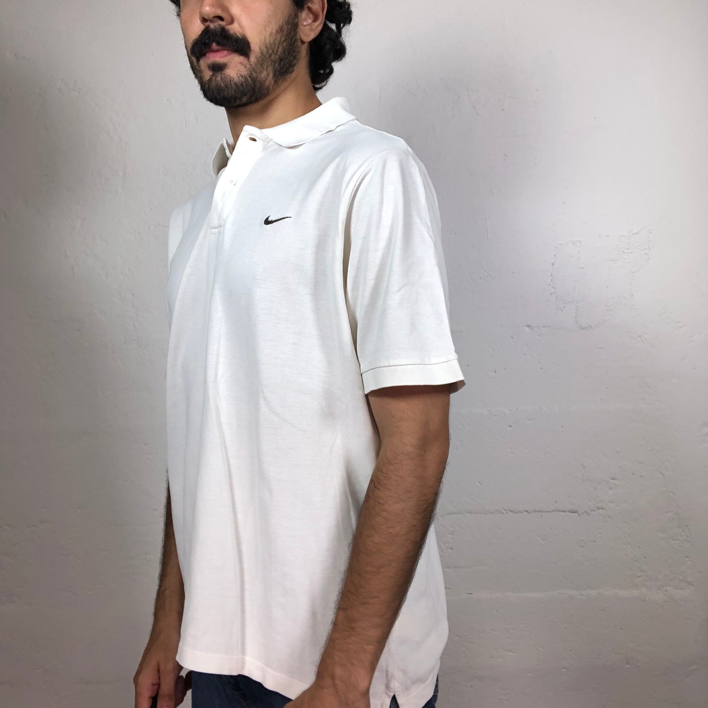 Vintage 90‘s Archive Nike Tennis Style White Polo T-Shirt with Black Logo Print (L)