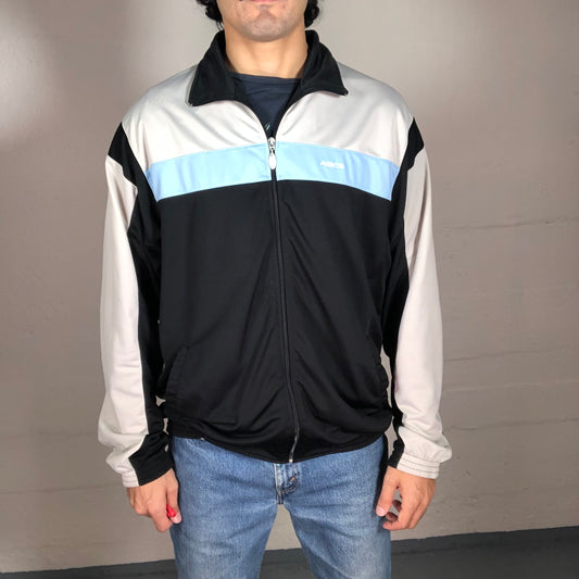 Vintage 90’s Streetwear Black and White Asics Zip Up Pullover with Light Blue Accent (M)