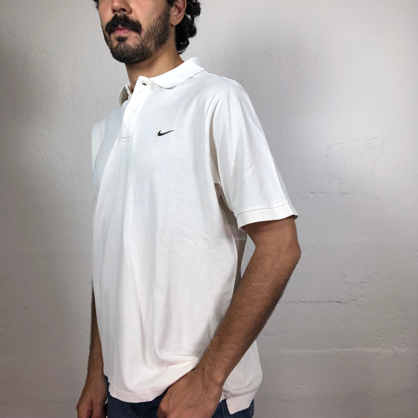 Vintage 90‘s Archive Nike Tennis Style White Polo T-Shirt with Black Logo Print (L)